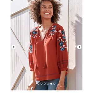 Preloved Garnet Hill  Rust Orange Embroidered-Yoked‎ Bishop Sleeve Tassel Top L